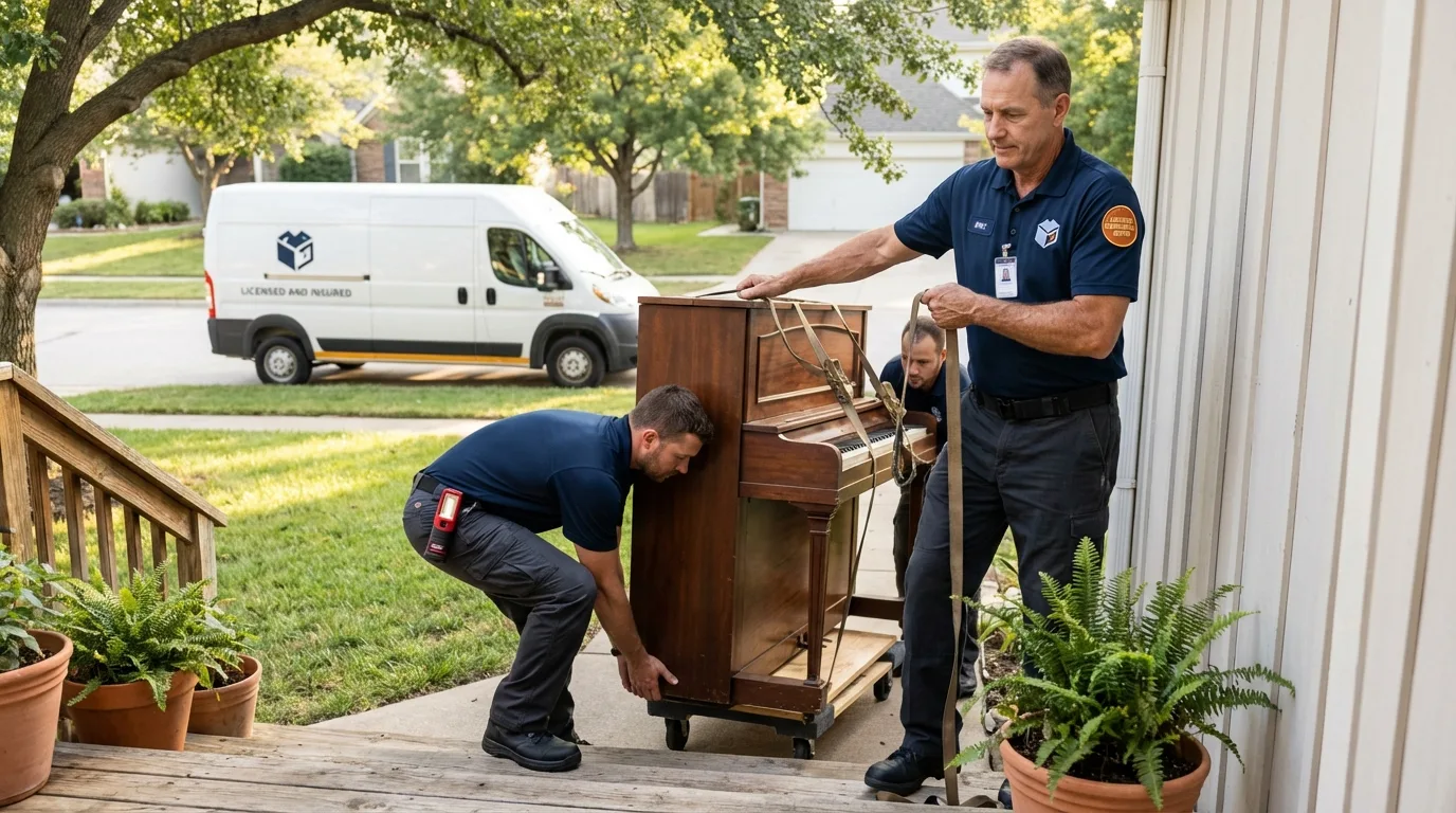 Licensed piano movers securing grand piano in Fredericktown, MO