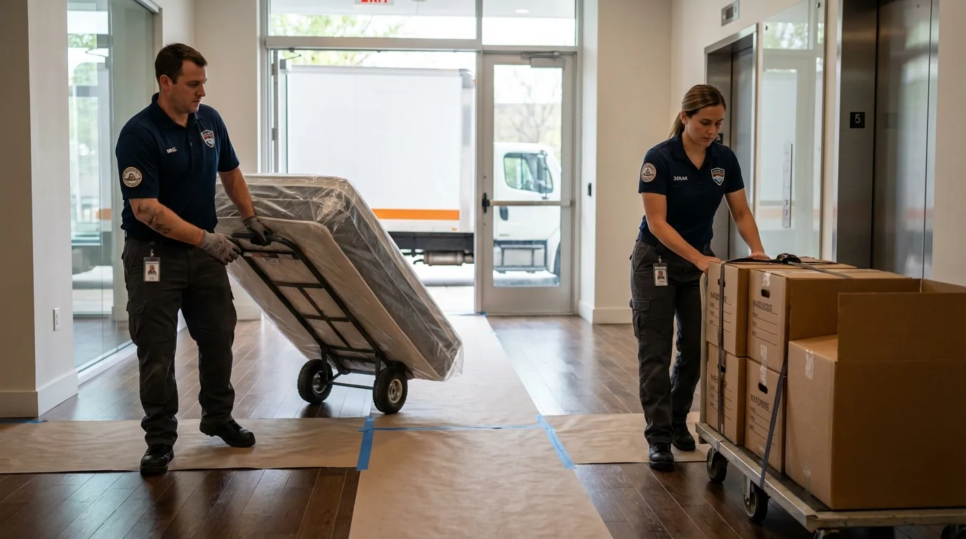 Professional apartment movers loading elevator in Fredericktown, MO